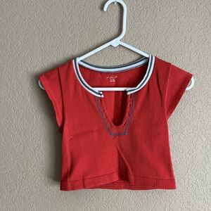 Urban Outfitters Red Ribbed Crop Top with Striped Trim